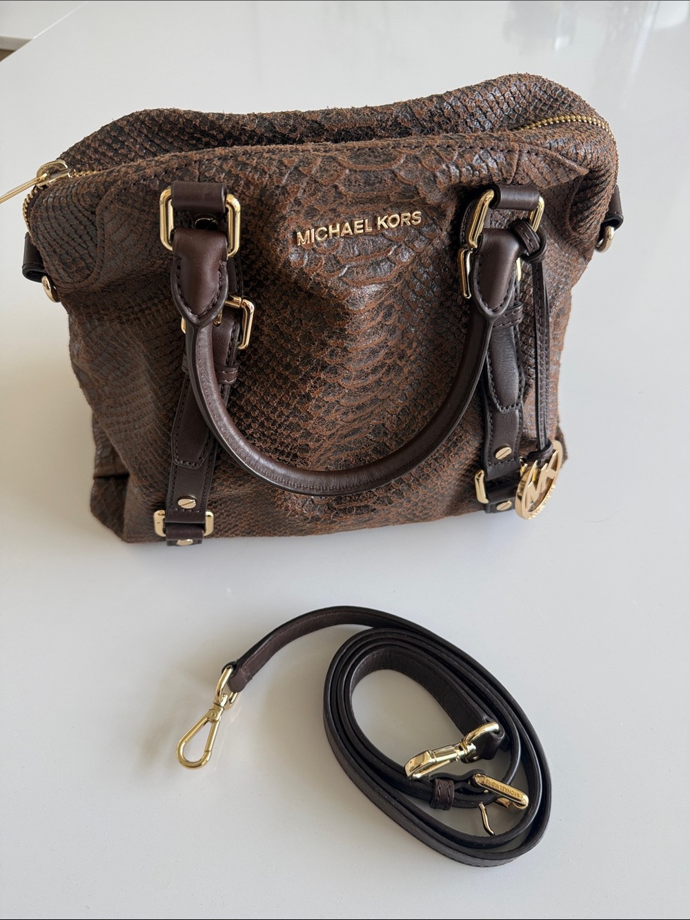 Michael Kors Brown Snake-Embossed Leather Satchel with Gold Hardware